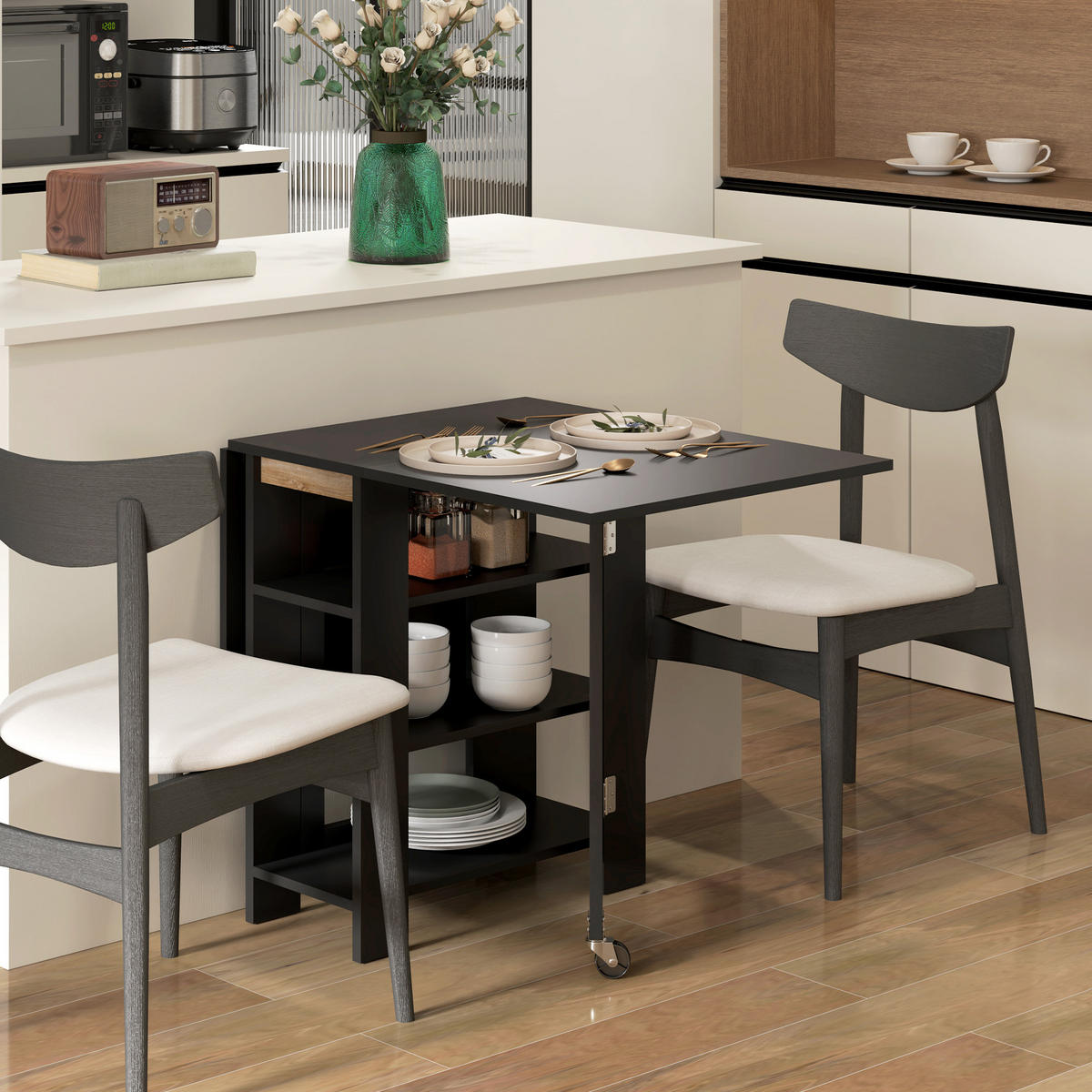 KLAPPTISCH DE-16516 2 Abattants, 3 Etagen, Rollen Schwarz - Schwarz, Holzwerkstoff (120/60/75cm) - ComfortXL