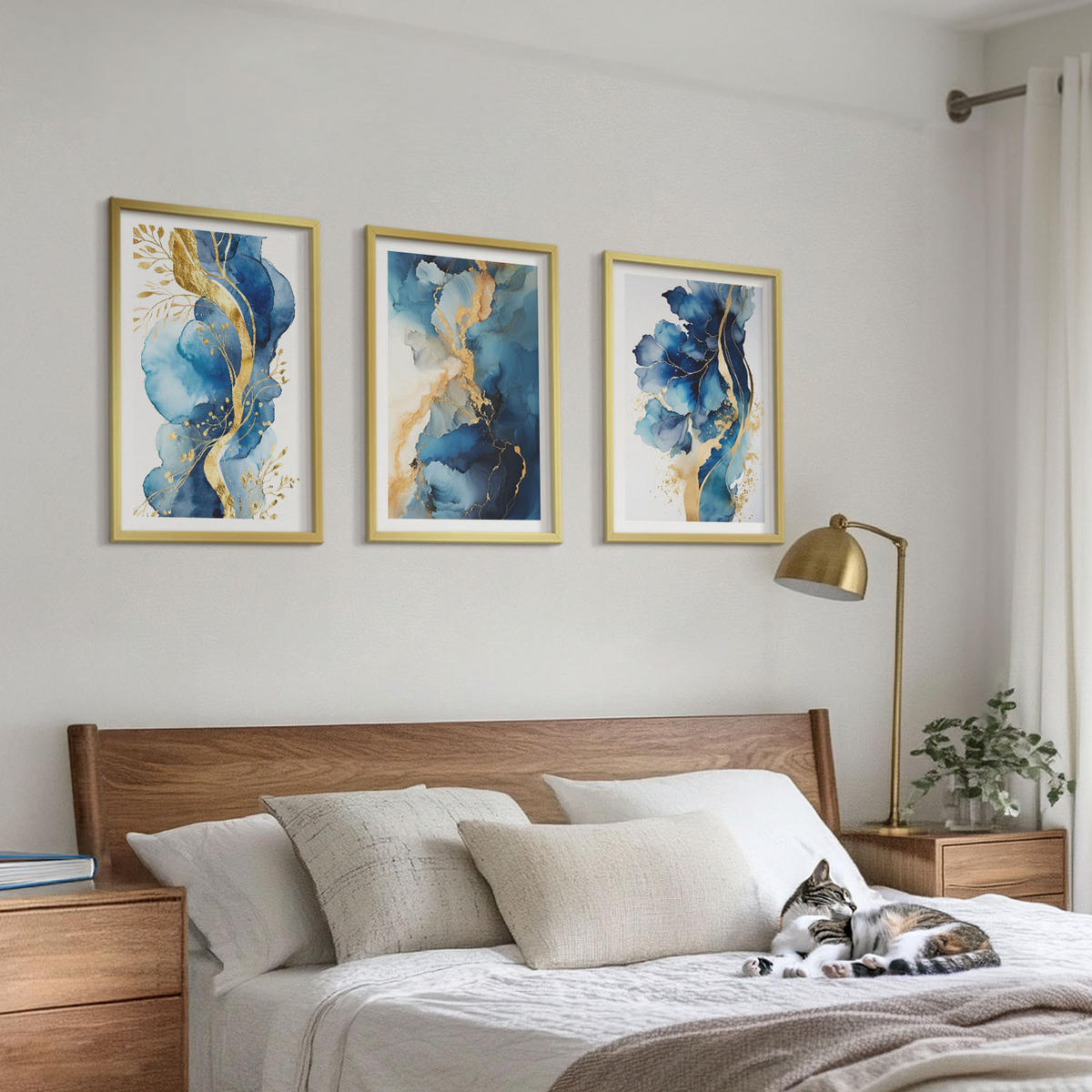 BILDER SET 3er Set - 40x60 cm Goldrahmen - Blaue abstrakte Muster - Goldfarben, Kunststoff (40/60cm) - TULUP
