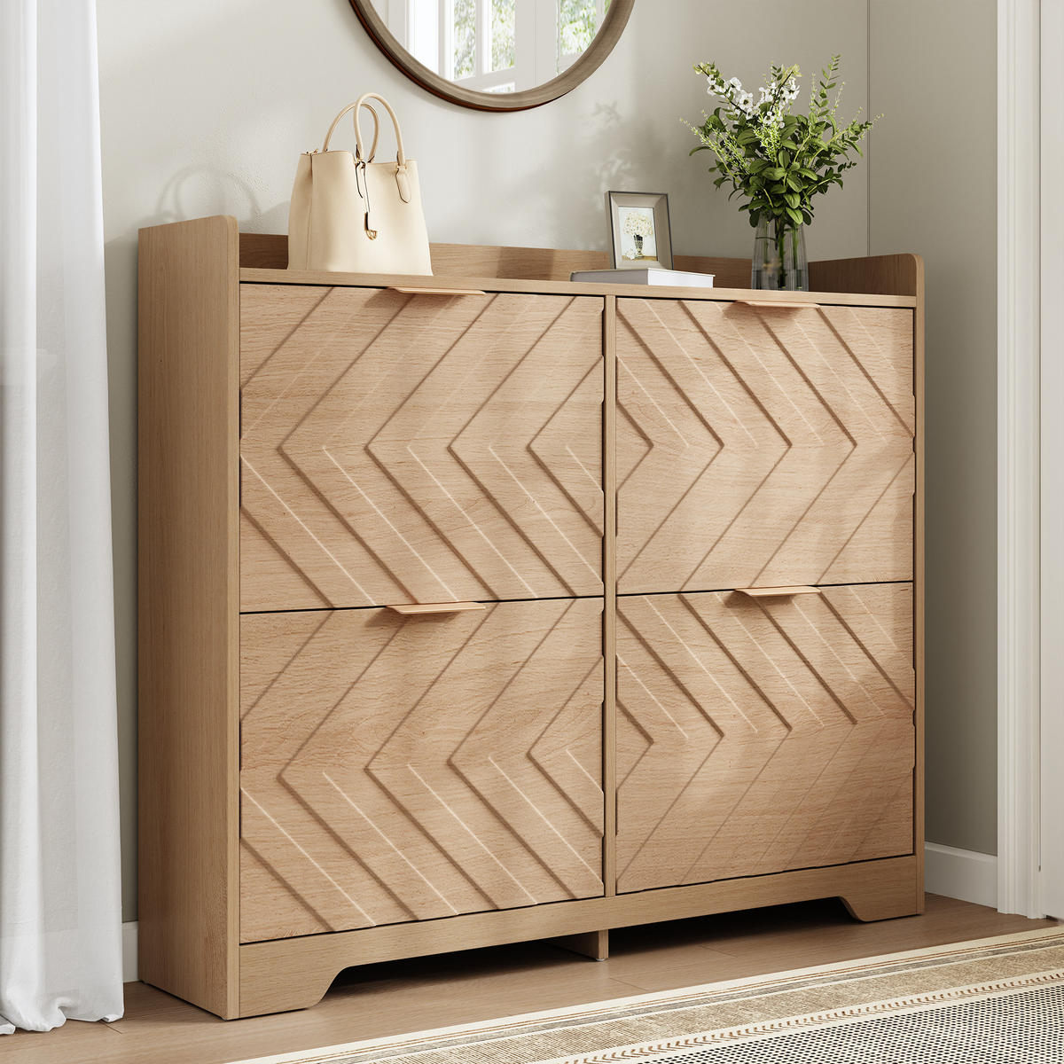 SCHUHSCHRANK 4 Klappen 3D Front mit Ablage - Naturfarben, Holz (105/90/24cm) - LEBENLANG