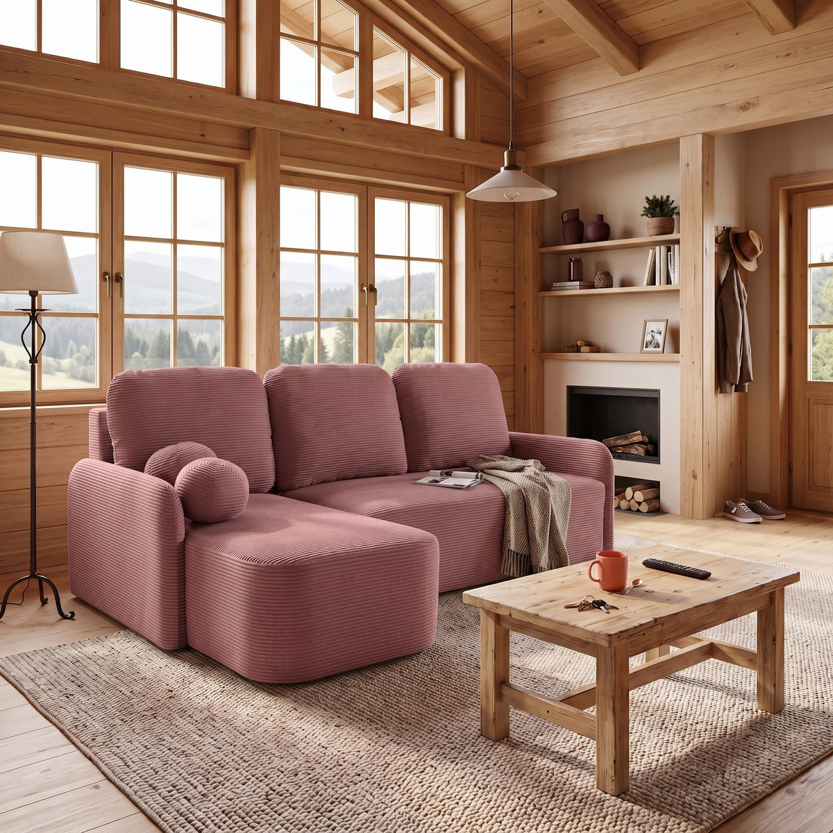 ECKSOFA CASPER L Links mit Schlaffunktion 132x198 Cord Rosa - Pink/Schwarz, Holz/Kunststoff (217/145cm) - NACANAPA