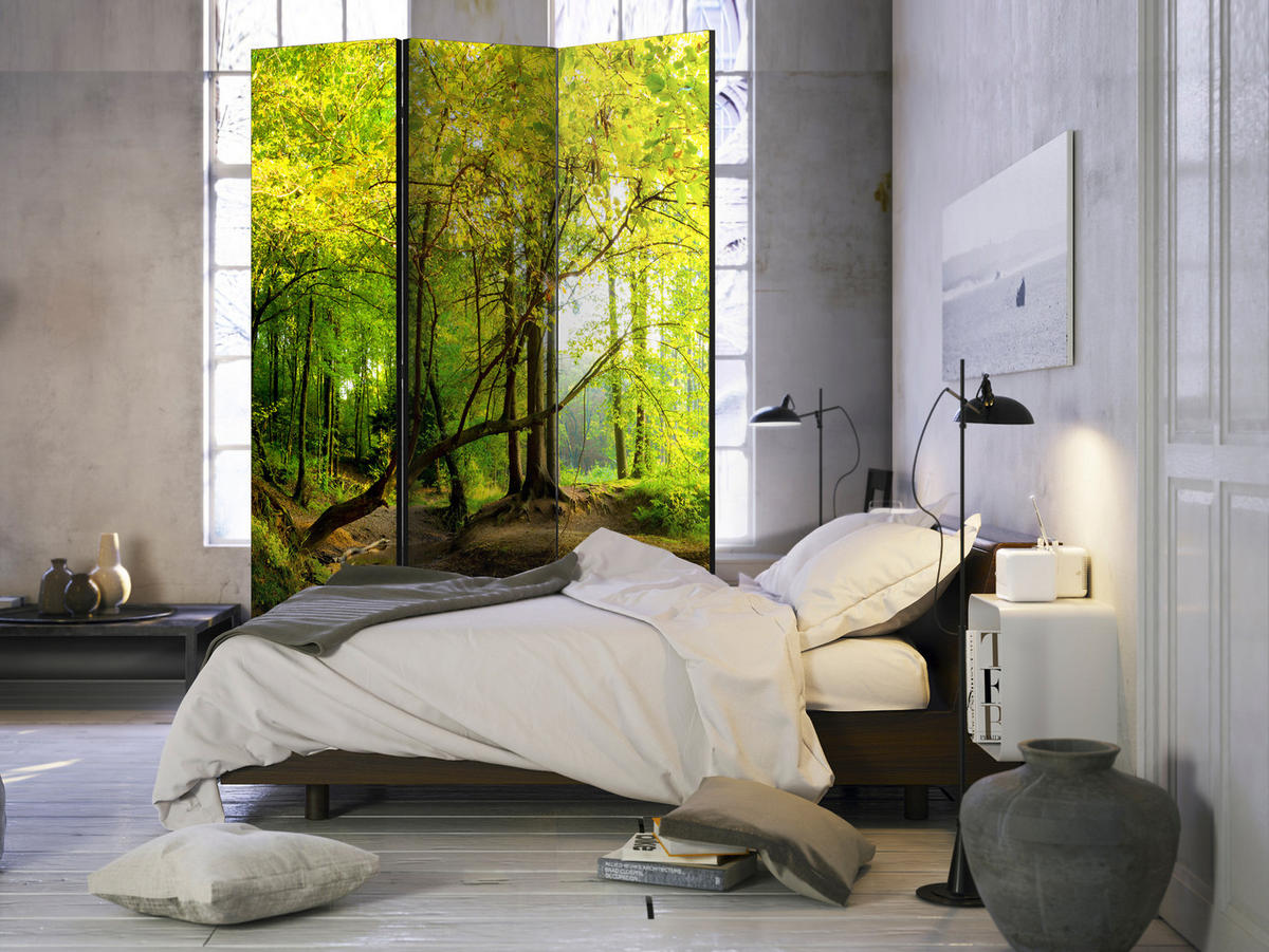 PARAVENT Akustik 3-tlg 135x172 cm Fluss im Wald - Grün, Holz/Textil (135/172/3cm) - Muralo