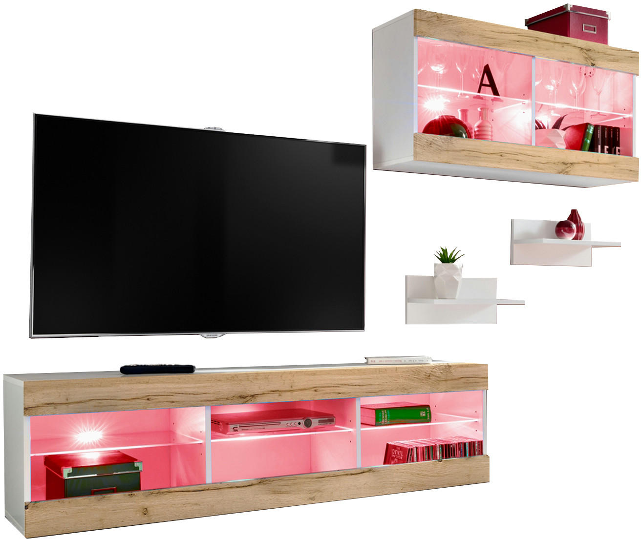 WOHNWAND 4-er Set, TIVOLI SET3 mit mehrfarbige LED RGB Beleuchtung Weiß + Wotan, Offener Raum - Eiche Wotan, Glas/Holzwerkstoff (240/195/35cm) - Komodee