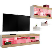 WOHNWAND 4-er Set, TIVOLI SET3 mit mehrfarbige LED RGB Beleuchtung Weiß + Wotan, Offener Raum - Eiche Wotan, Glas/Holzwerkstoff (240/195/35cm) - Komodee
