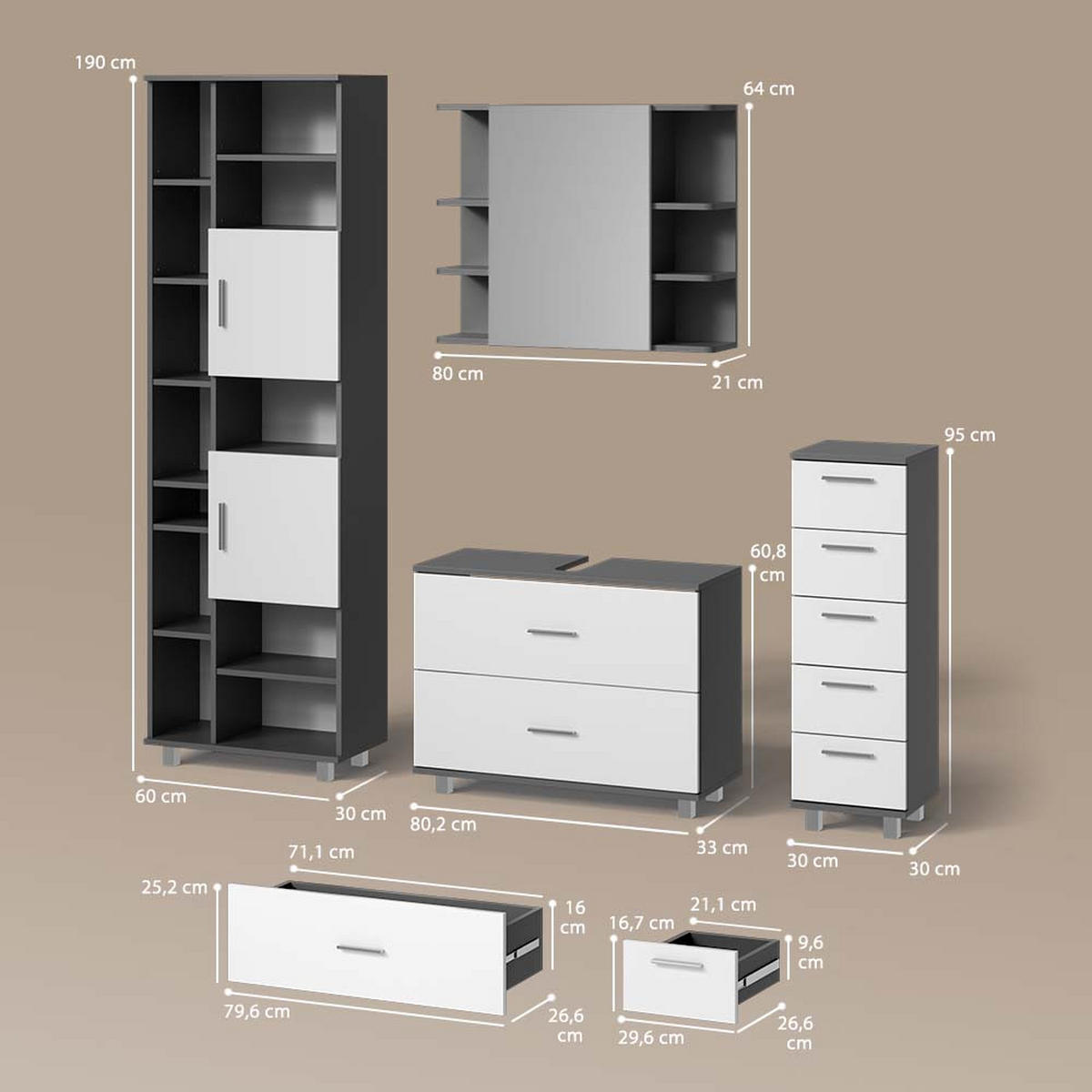 BADMÖBEL-SET Eisak Weiß/Anthrazit 4 Teile, mit Hochschrank - Anthrazit/Weiß, Holzwerkstoff (80/60/33cm) - Livinity®