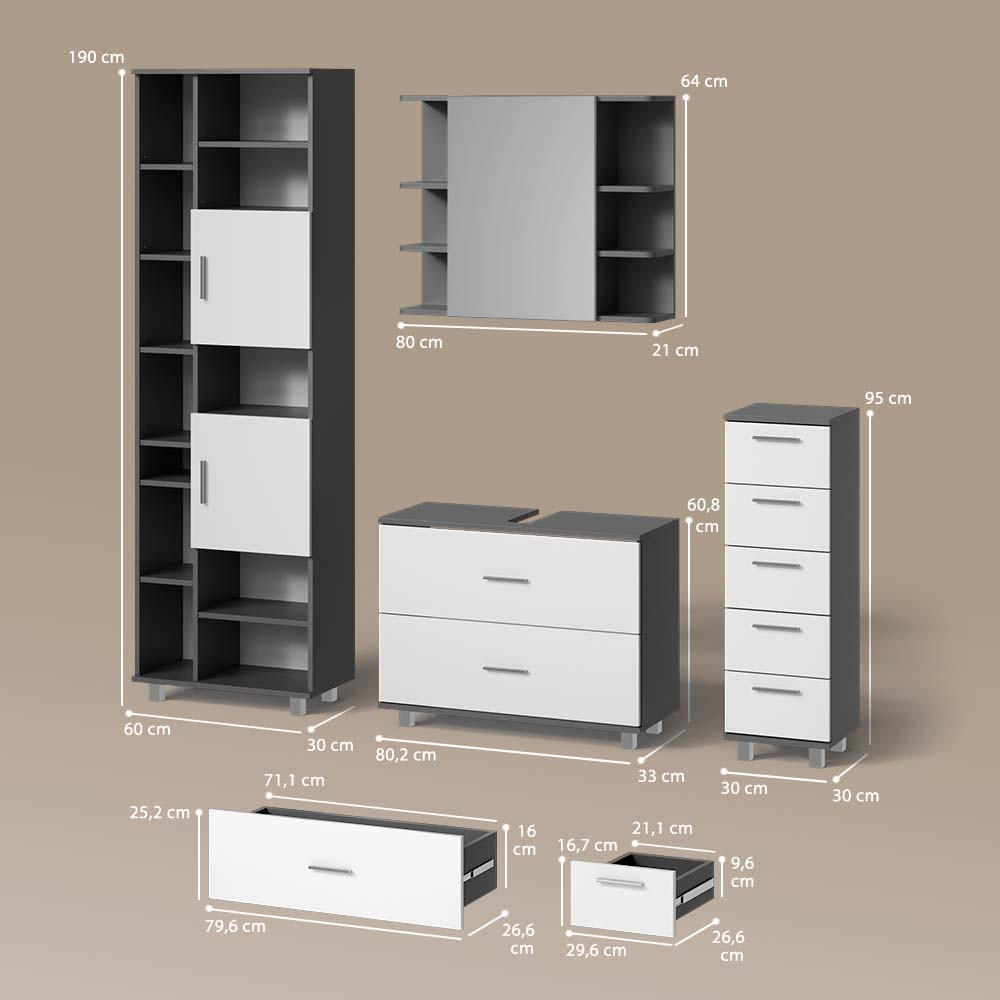 Thumbnail - Livinity® Badmöbel-Set, Weiß, Anthrazit, Holzwerkstoff, 20 Fächer, 7 Schubladen, Rechteckig, 80x60x33 cm, Badezimmer, Ba...