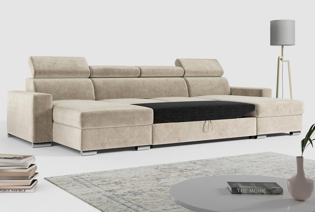 WOHNLANDSCHAFT FOX U Beige - Velvet - Beige/Silberfarben, Kunststoff/Textil (306/98/168cm) - MKS