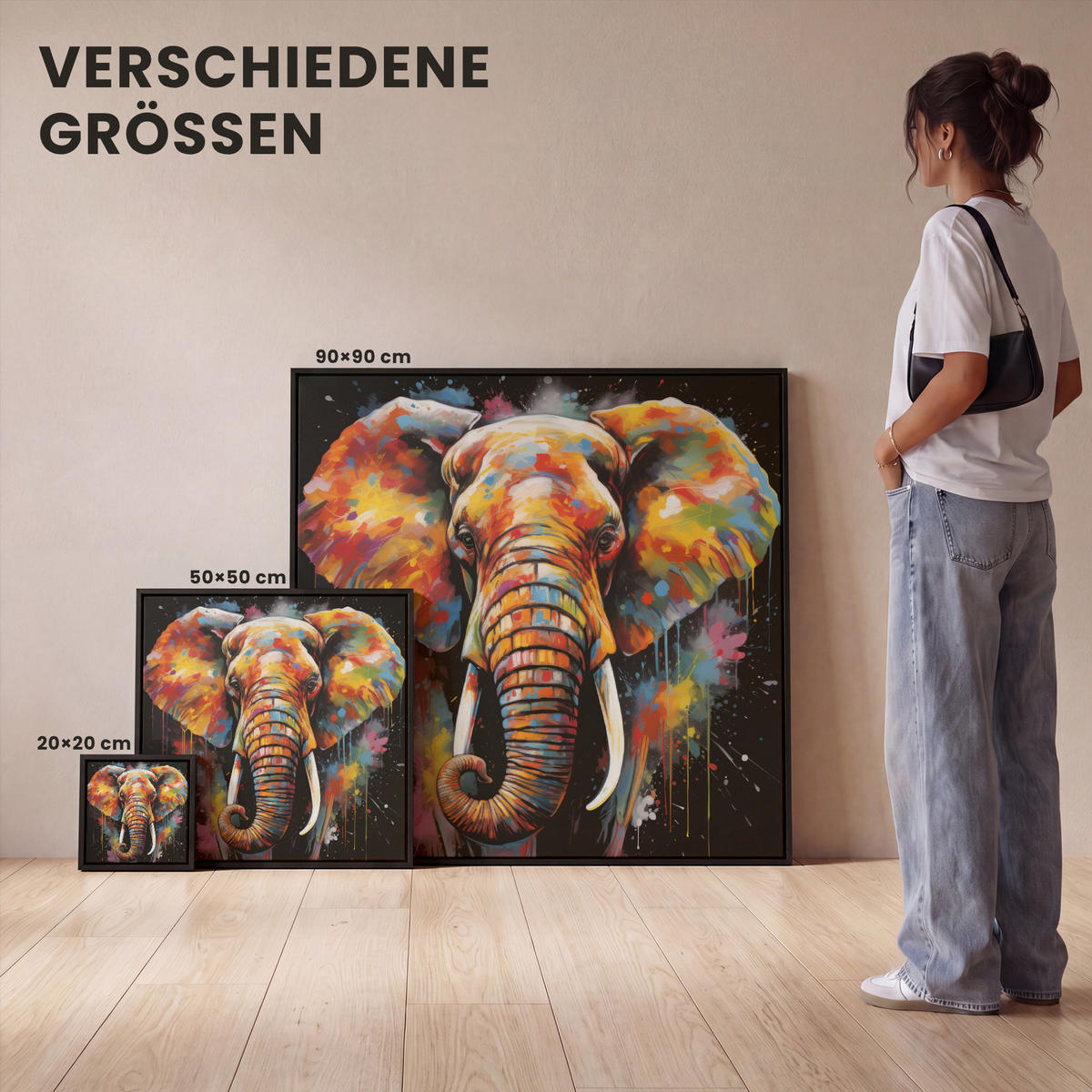 LEINWAND Bilder mit Rahmen - Elefant - Graffiti - Schwarz - Tiere - Farben - 90x90 - Schwarz, Textil (90/90cm) - MuchoWow