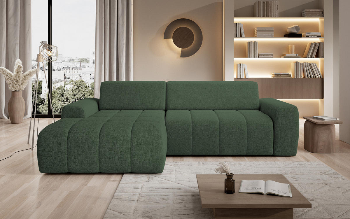 ECKSOFA Savio Freistehend, Mit Abriebfestem Kansas-Stoff, Maße 265x172x81cm, Ausziehbare Sitzfläche 206x92cm, Linke, Grün - Grün, Holz/Textil (172/265cm) - DomoHome