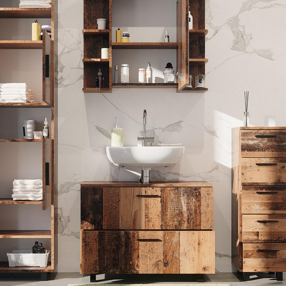 BADMÖBEL-SET Ilias Eiche rustikal 4 Teile, mit Hochschrank - Wildeiche, Holzwerkstoff (80.2/60.8/33cm) - Vicco