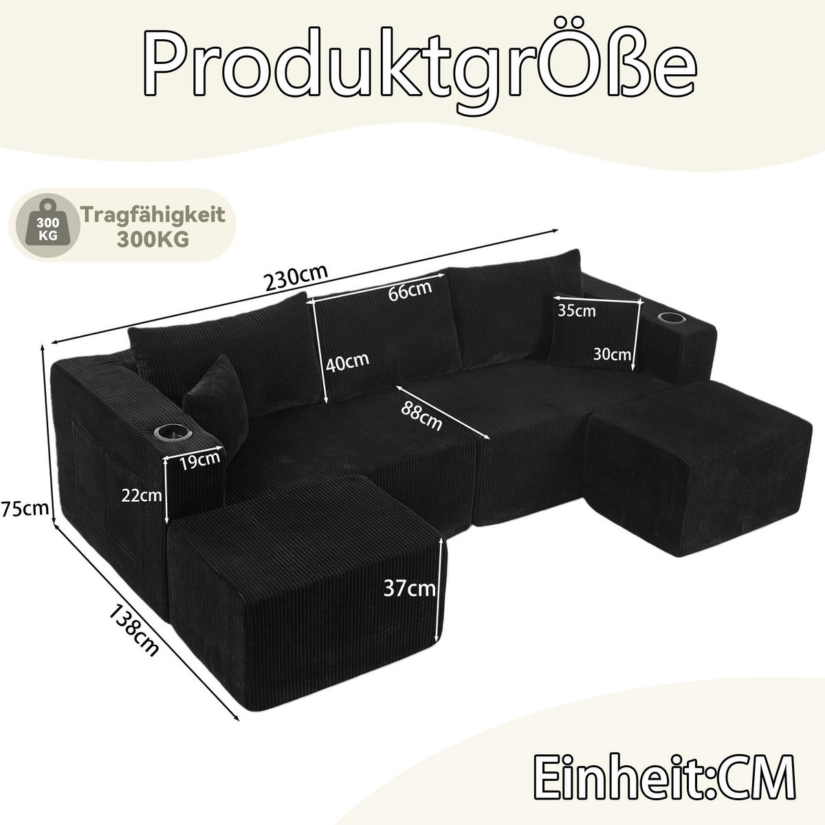 WOHNLANDSCHAFT DE-34629 modular mit 2 Ottomanen Schwarz - Schwarz, Textil (138/75/230cm) - ComfortXL