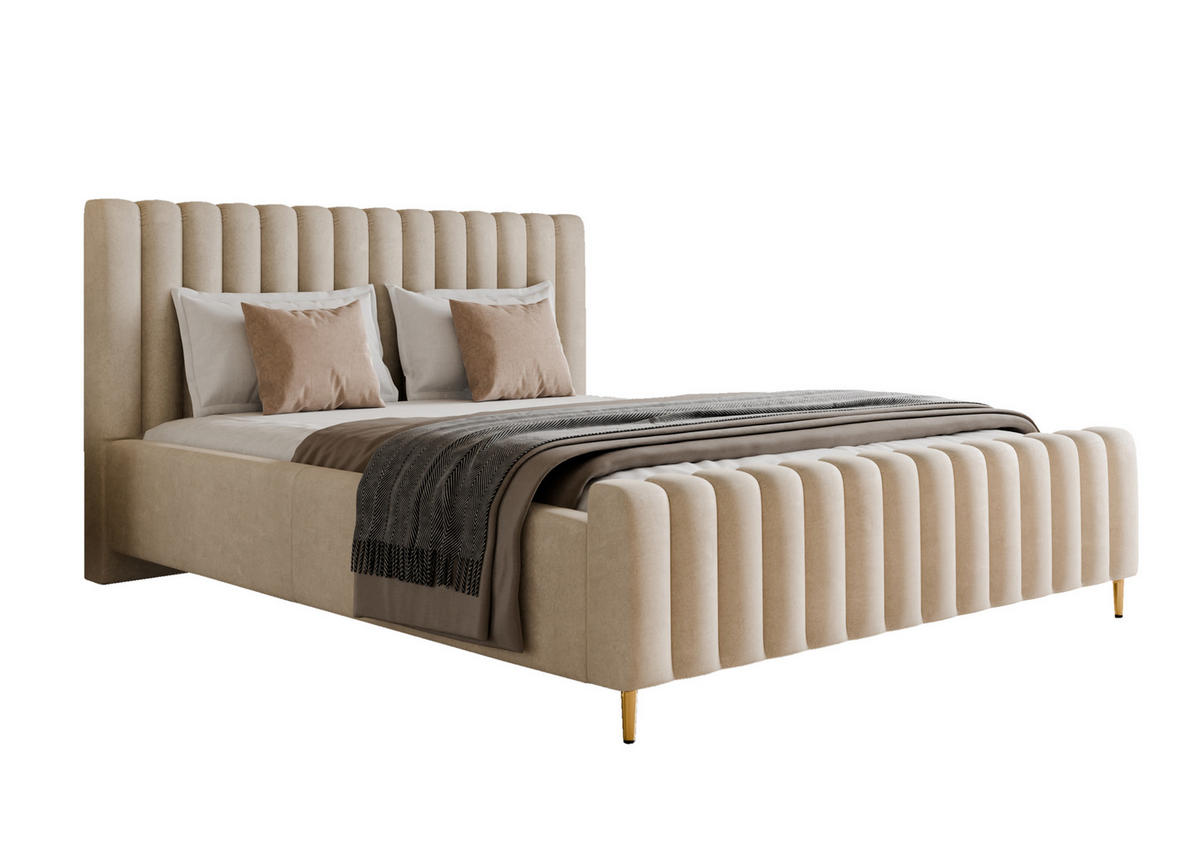 POLSTERBETT Lux Beige 180x200 cm mit Stauraum, Kopfteil, Lattenrost, Goldenen Füßen, Stoff Amon - Beige/Goldfarben, Holzwerkstoff/Kunststoff (180/200cm)