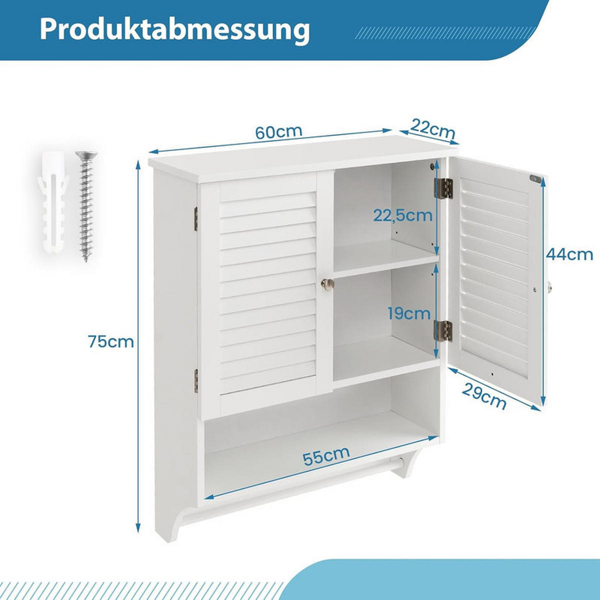 BADHÄNGESCHRANK mit verstellbarem Einlegeboden weiß - Weiß, Holzwerkstoff (60/75/22cm) - COSTWAY