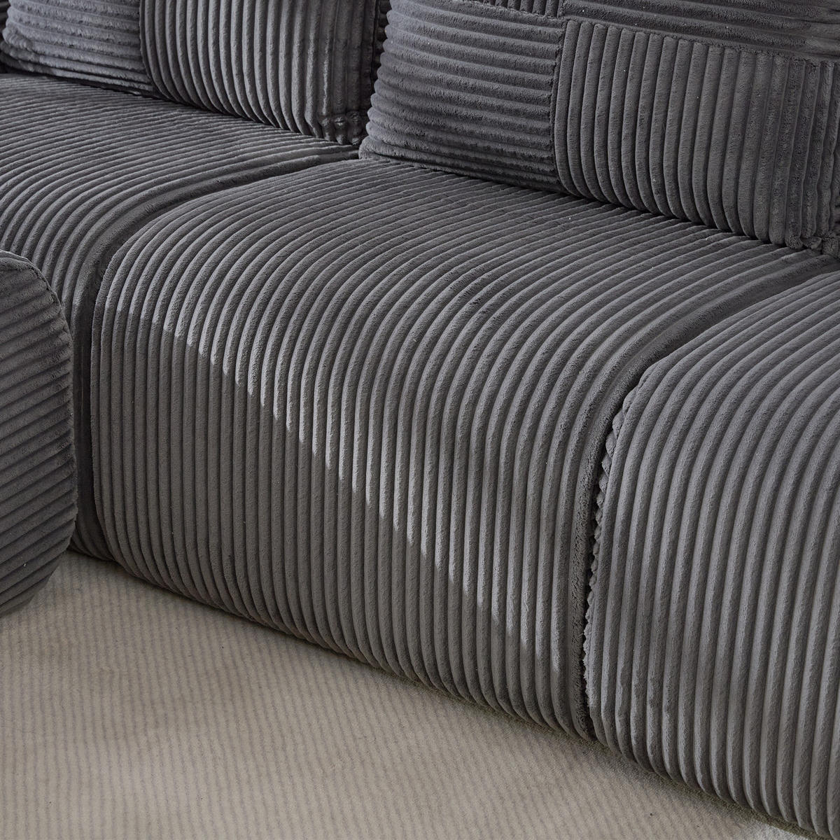 3-SITZER SOFA Cord Dunkelgrau mit Hocker, Cupholder und Seitentasche - Dunkelgrau, Textil (268/174cm) - WISHDOR