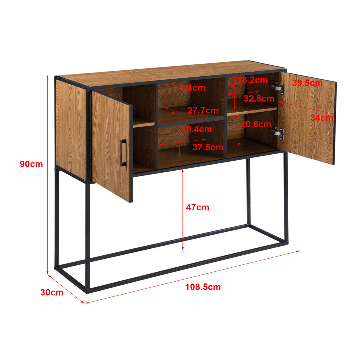 SIDEBOARD Motala - Dunkelbraun/Schwarz, Holzwerkstoff/Metall (108.5/90/30cm) - [en.casa]