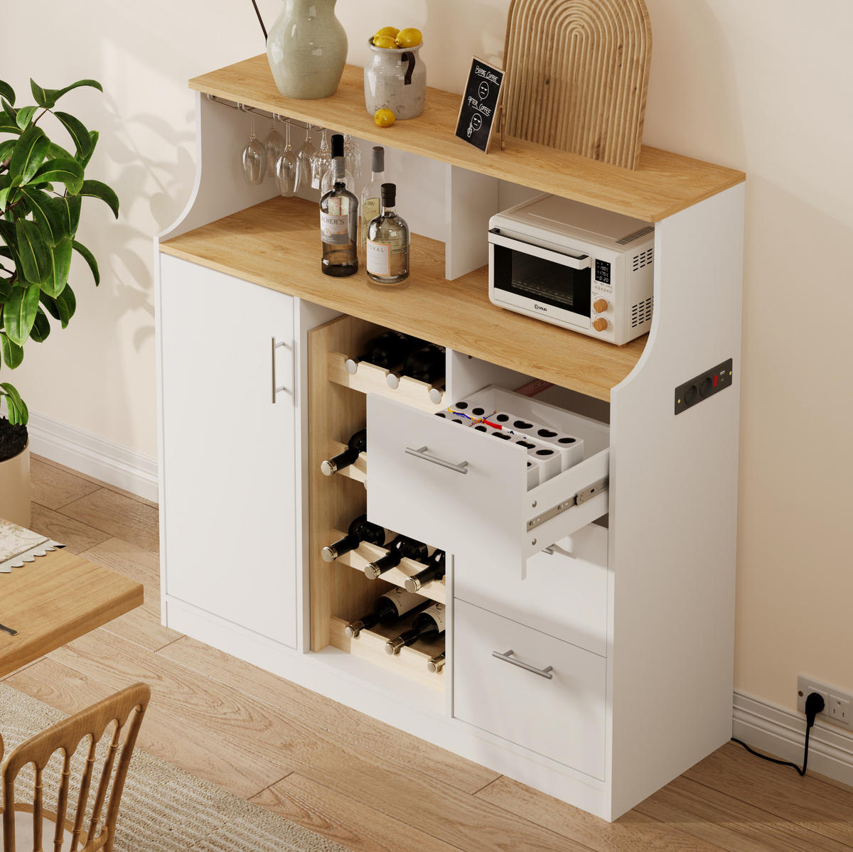 SIDEBOARD 120/40/121 cm mit Weinregal, LED und 3 Schubladen in Weiß/Natur - Weiß, Holzwerkstoff (120/121/40cm) - BEAOK