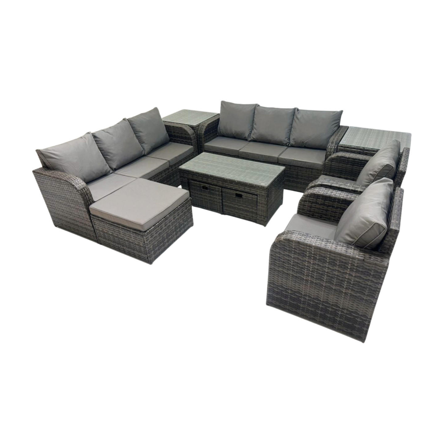 GARTENSOFA SET mit rechteckigem COUCHTISCH Polyrattan 9-Sitzer Dunkelgrau - Dunkelgrau/Grau, Glas/Kunststoff - Fimous