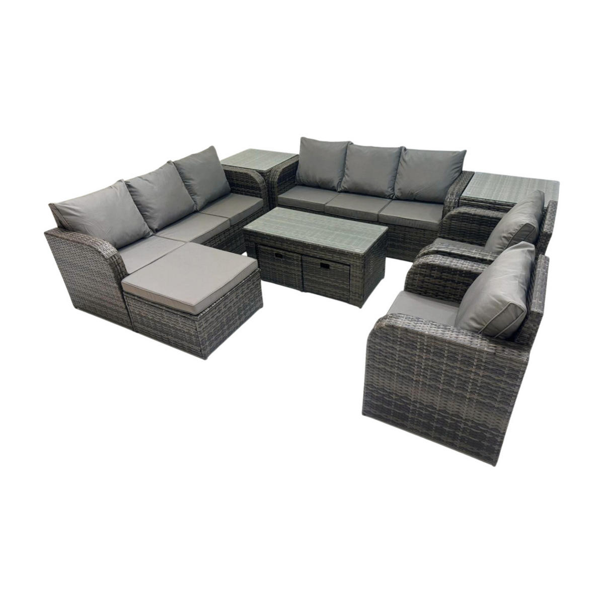 GARTENSOFA SET mit rechteckigem COUCHTISCH Polyrattan 9-Sitzer Dunkelgrau - Dunkelgrau/Grau, Glas/Kunststoff - Fimous