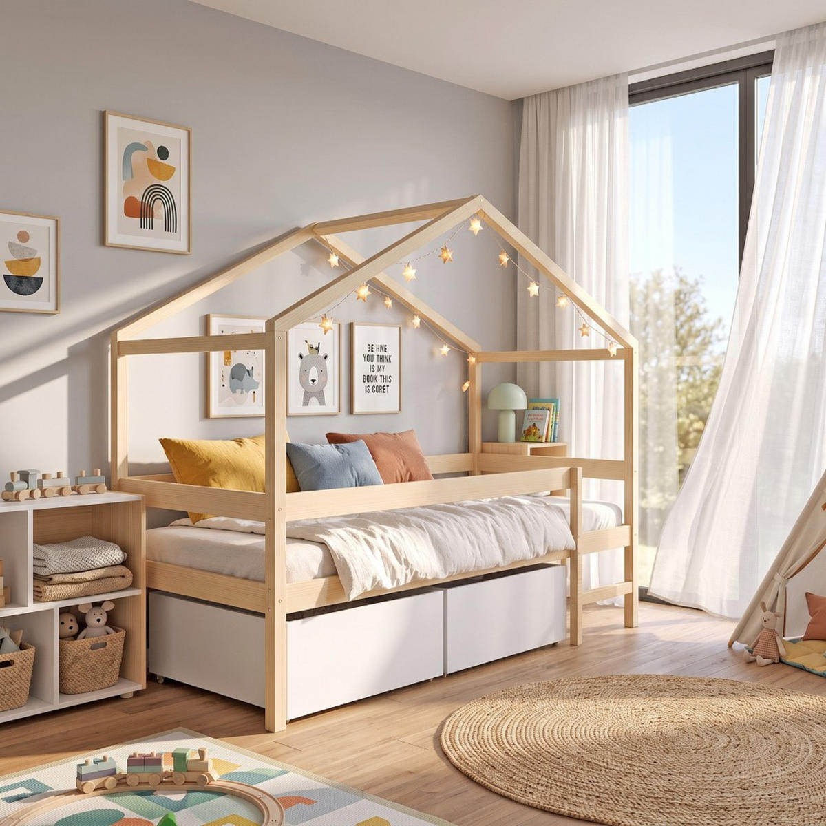 HAUSBETT MIKA mit Schubladen/ Kinderbett 90x190 - Naturholz - Naturfarben, Holz (90/190cm) - Weber Industries
