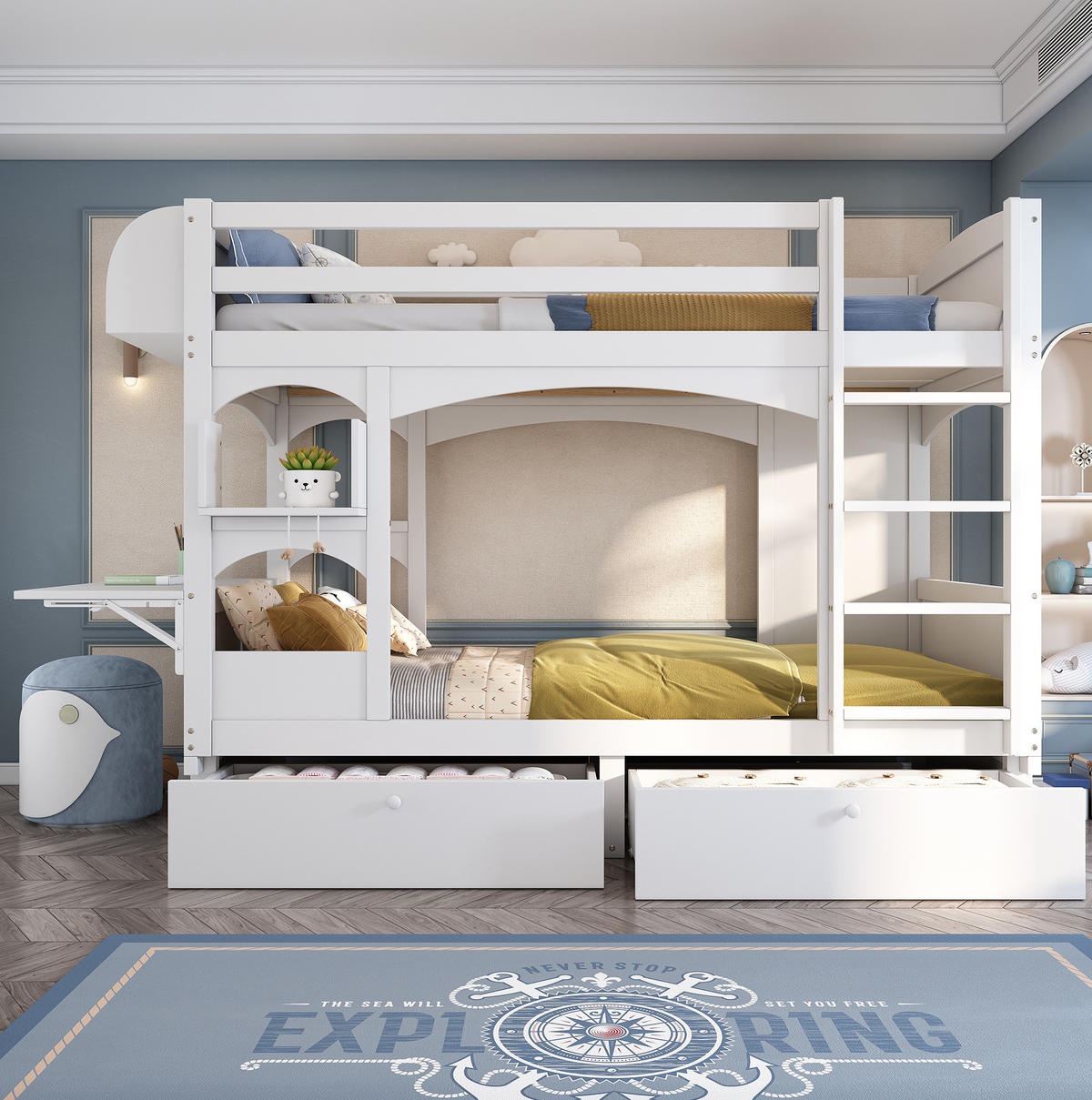 KINDER-ETAGENBETT 90/200 cm mit klappbarem Schreibtisch, Regal und 2 Schubladen aus Massivholz, Weiß - Weiß, Holz (90/200cm) - Redom