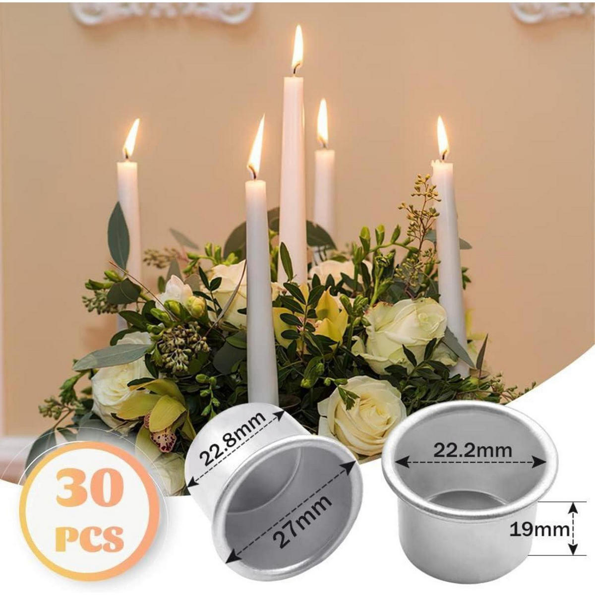 KERZENHALTER 30 Stück Set Metall Silber 22.2 mm - Silberfarben, Metall (2.7/1.9/2.7cm)