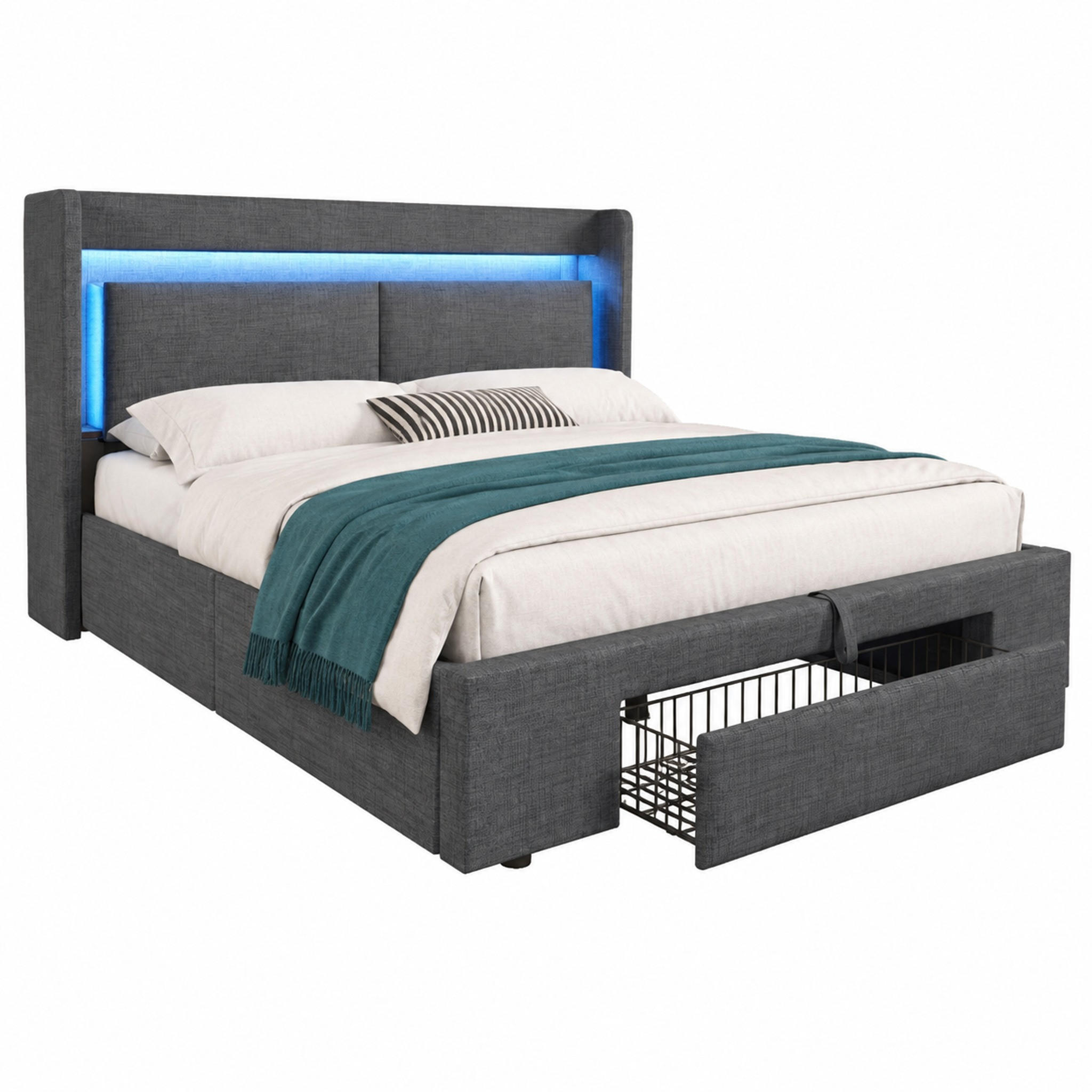 POLSTERBETT mit Stauraum 160x200 cm Leinen Grau mit LED & USB - Grau, Metall (160/200cm) - Meubliv