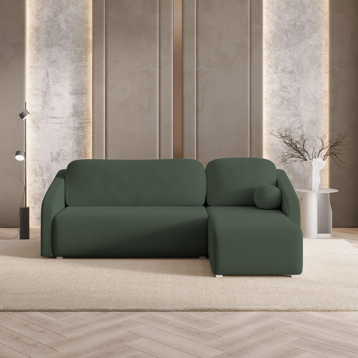 ECKSOFA MARELLO Grün Boucle-Stoff mit Schlaffunktion - Grün, Holz (220/143cm) - MASSENO