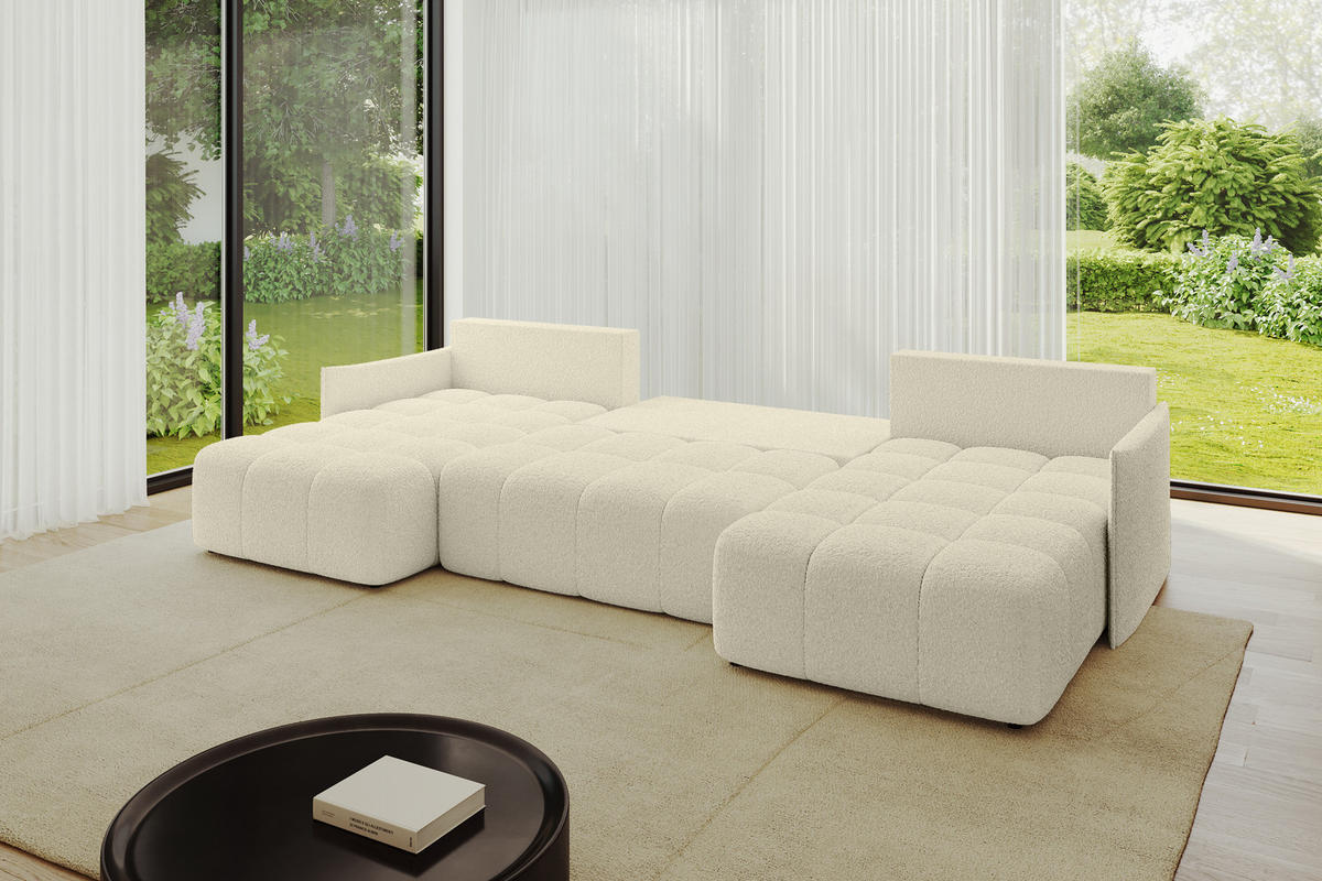 WOHNLANDSCHAFT LONLI-U 355x189x68 Beige Bouclé - Hellbraun/Creme, Holzwerkstoff/Kunststoff (350/68/190cm) - ALTDECOR