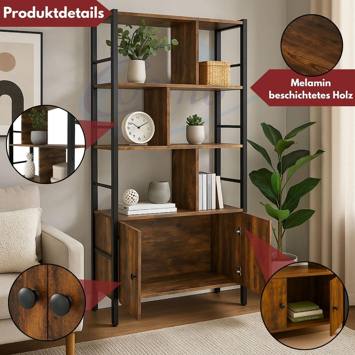 STANDREGAL VINTAGE Metall mit 2 Türen Holz 74/30/1550cm - Braun, Metall (30/155/74cm) - Mein-Regal