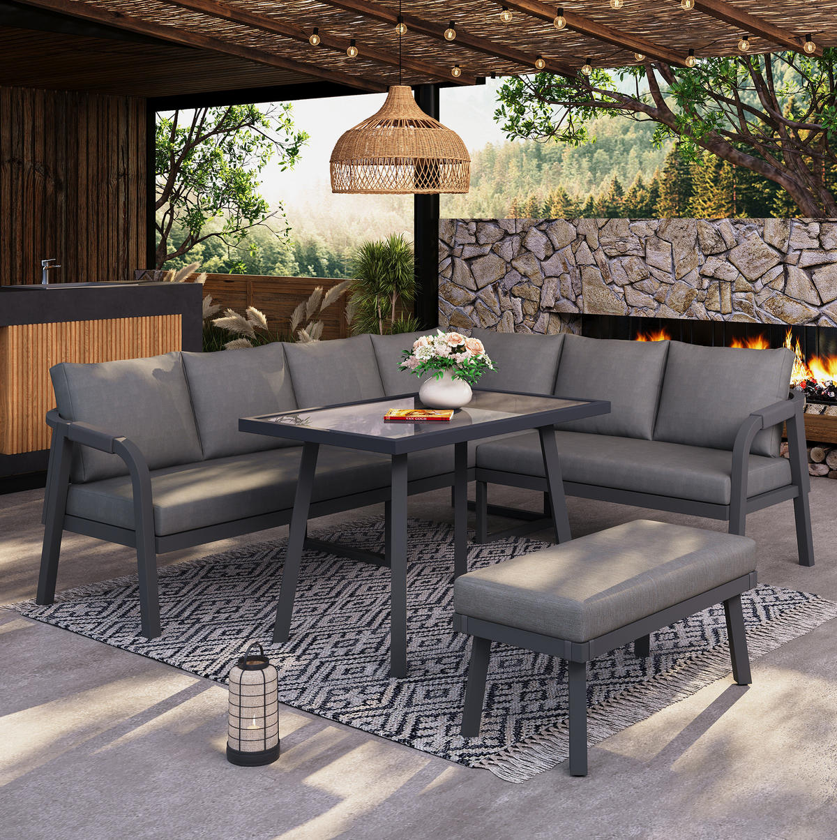 GARTEN-ESSGRUPPE 240/183/40 cm grau aus Stahl und Polyester für bis zu 8 Personen - Grau, Holzwerkstoff - OKWISH