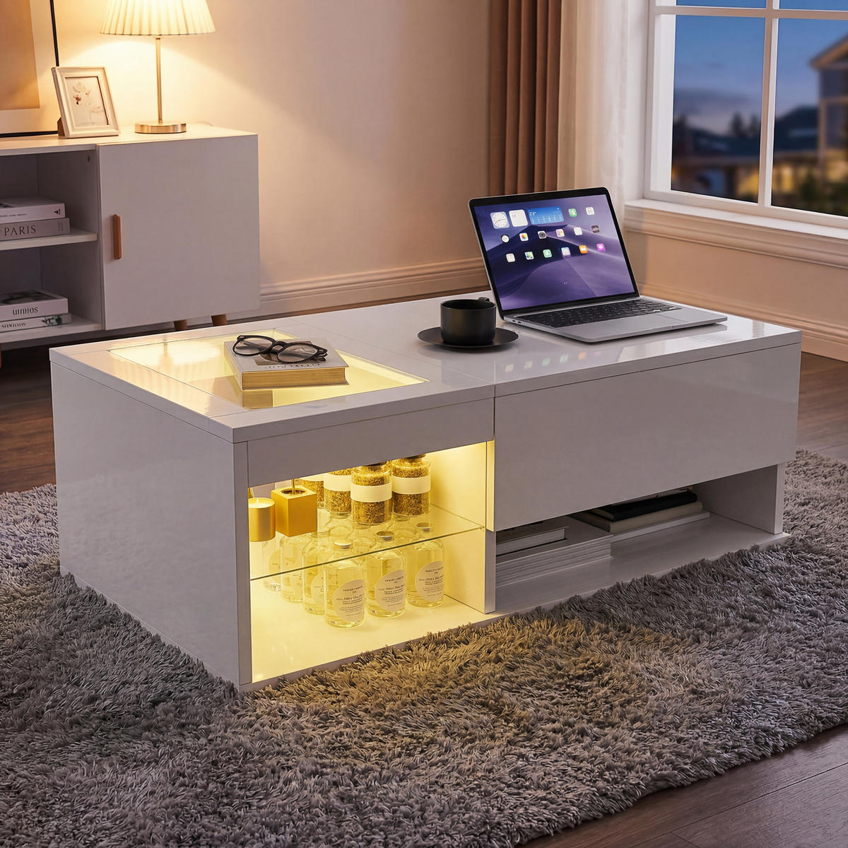 COUCHTISCH Hochglanz Weiß mit LED & Lift-Top Funktion - Weiß, Metall (100/55/35cm) - SHOPENTRA