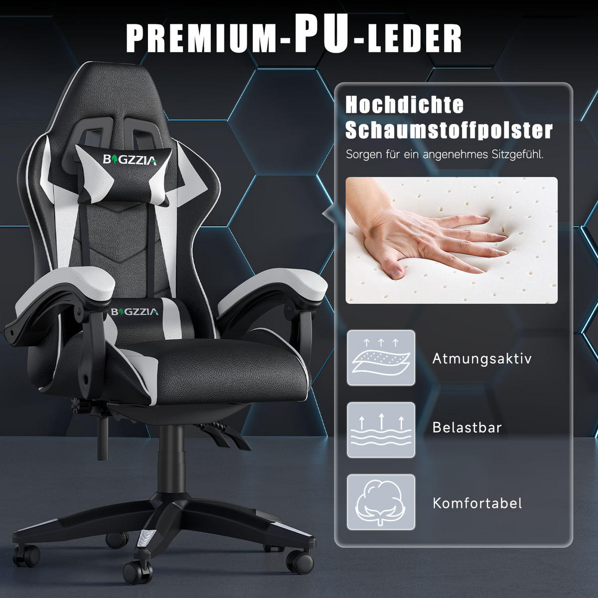 GAMINGSTUHL Schwarz-Weiß ergonomisch - Weiß, Leder (29/59/79cm) - Rattrix