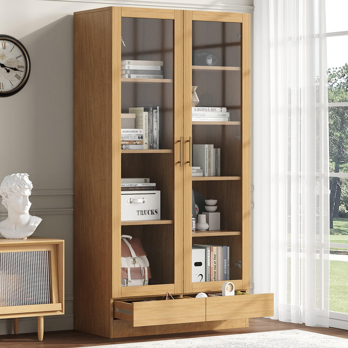 GLASVITRINE 80x40x160cm Holzfarbe Büroregal Push-To-Open-Schubladen - Naturfarben, Holz (40/160/80cm) - FLIEKS