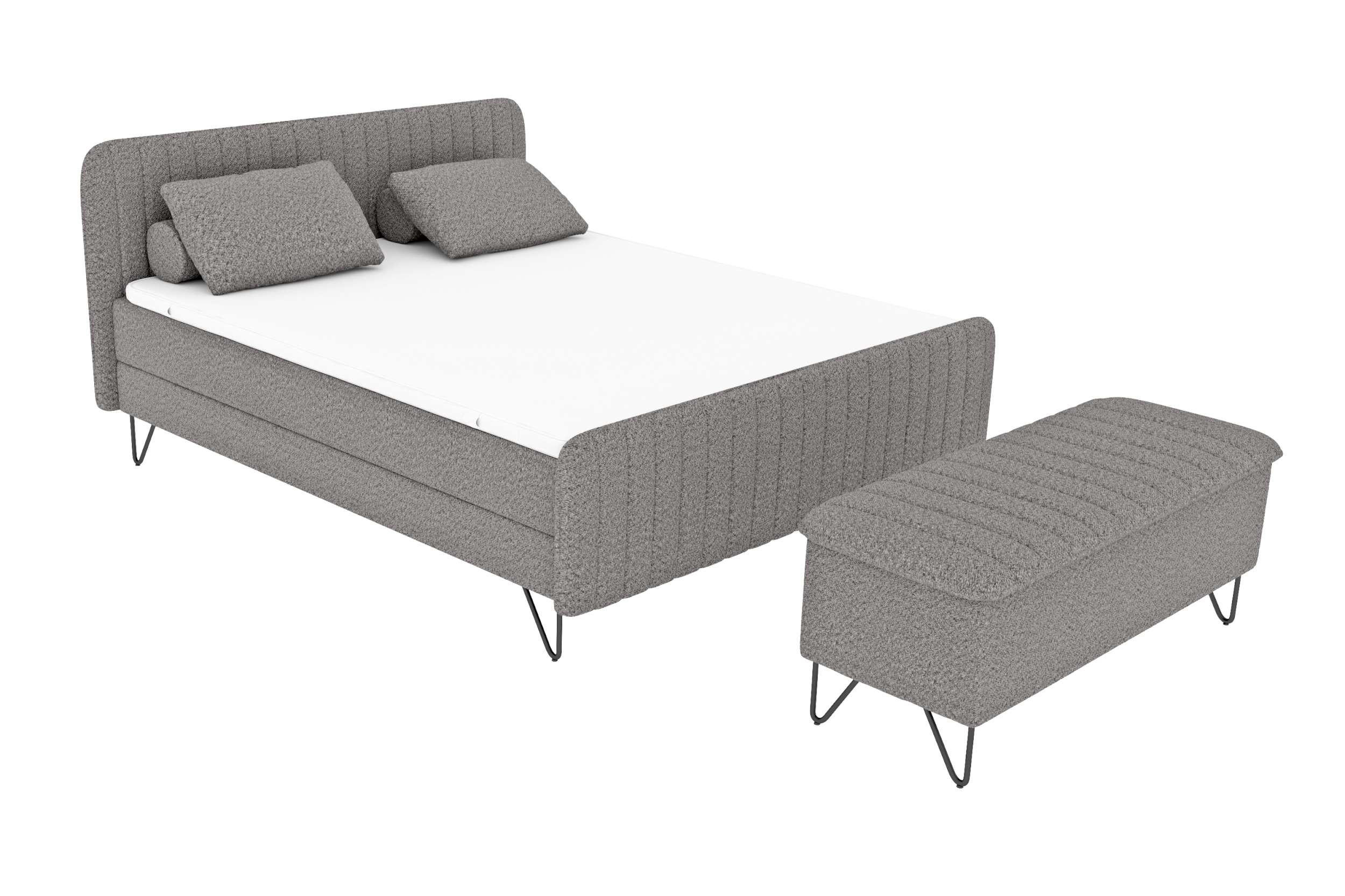 BOXSPRINGBETT LUCIO mit Hocker Bouclé-Stoff Grau 160/200 cm - Schwarz/Grau, Textil/Metall (160/200cm) - 99rooms