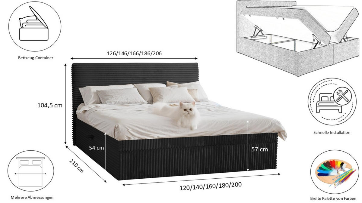BOXBETT Bettkasten Und Topper TRENTO Ohne Bein Stoff Plüsch Cord 180x200 cm Schwarz H2-Pocket - Schwarz, Holz/Textil (180/200cm) - Kaiser Möbel