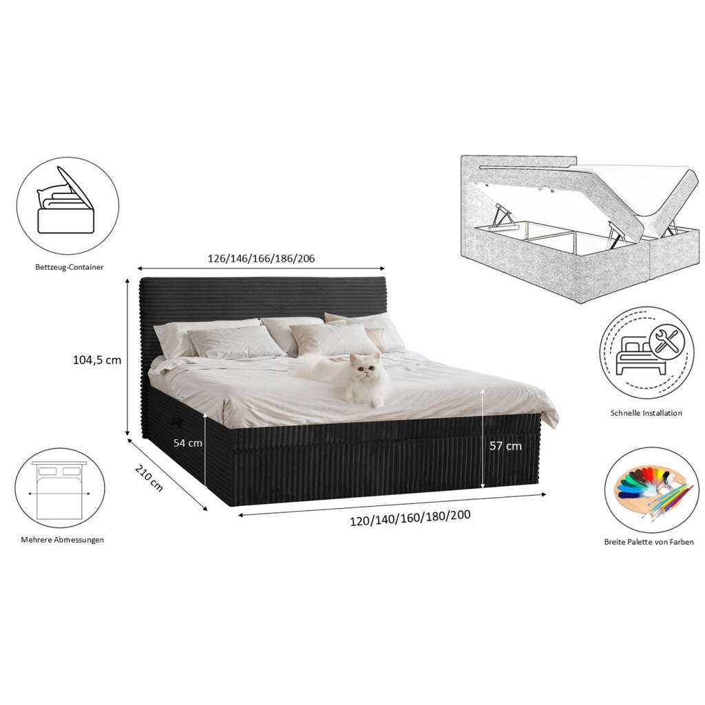 Thumbnail - Kaiser Möbel Boxbett, Schwarz, Textil, H3, Höhe ca. 20 cm, 120x200 cm, Schlafzimmer, Betten, Boxspringbetten
