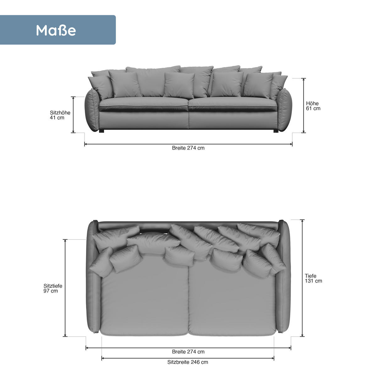 BIGSOFA Hereford XXL Flachgewebe Grau inkl. 12 Kissen 274/131/61 cm - Dunkelgrau, Kunststoff/Textil (274/61/131cm) - foamnova