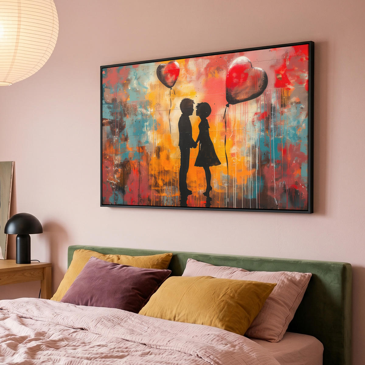 LEINWAND Bilder mit Rahmen - Straßenkunst - Liebe - Graffiti - Kunst - Banksy - 120x80 - Orange, Textil (120/80cm) - MuchoWow