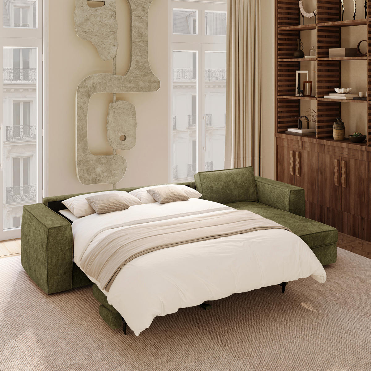 ECKSOFA rechtwinklig MIKA Kettgewebe mit weichem Griff Vintage-Grün 292cm - Dunkelgrün/Grün, Textil (292/100cm) - Premium Interiors