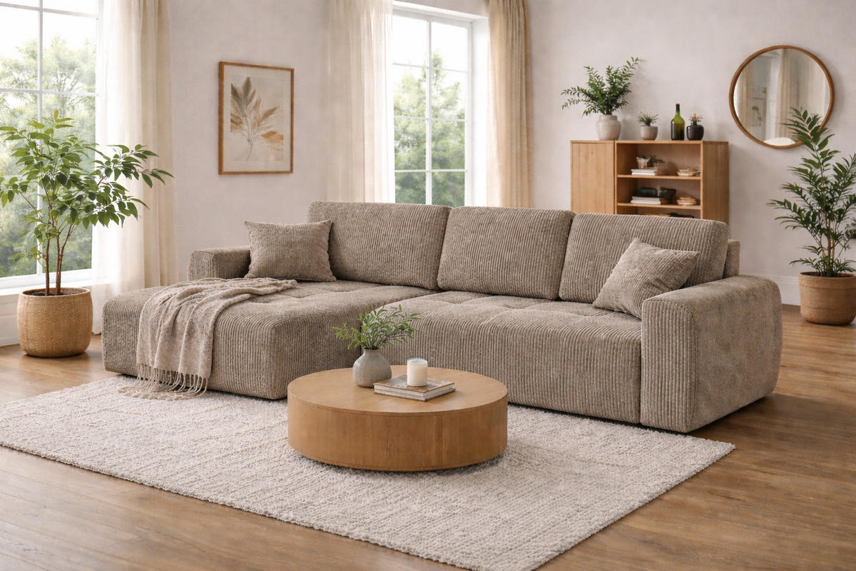 ECKSOFA Mit Schlaffunktion Und Bettkasten L-Form Ivo XL, Cordstoff Poso, Dunkelbeige, Links - Beige, Holz (280/142cm) - Kaiser Möbel