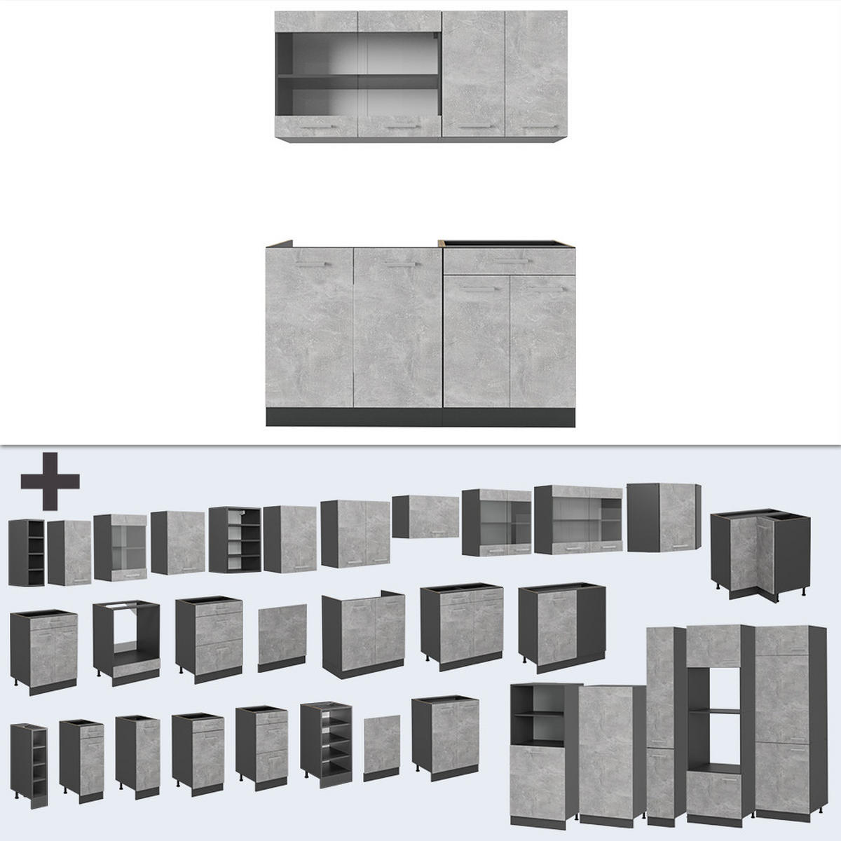 SINGLEKÜCHE R-Line Beton/Anthrazit 140 cm ohne Arbeitsplatte - Schieferfarben/Anthrazit, Holzwerkstoff (140/81.6/46cm) - Vicco
