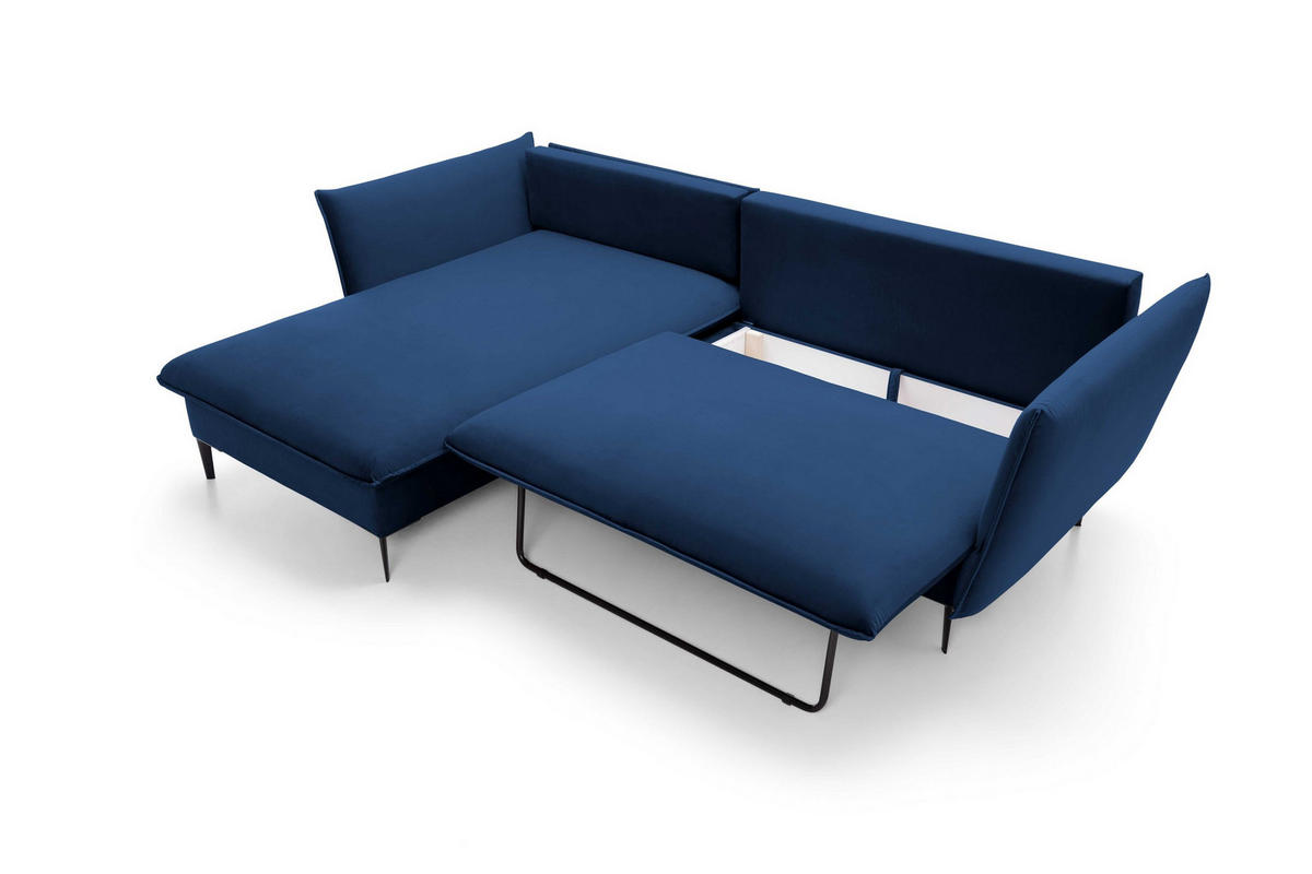 ECKSOFA SOLE Blau Plüsch-Stoff mit Schlaffunktion - Blau, Holz (258/167cm) - MASSENO