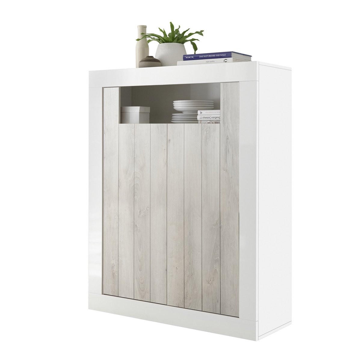 HIGHBOARD mit 2 Flügeltüren H144 cm - Urbino - Eiche Bianco, Holzwerkstoff (110/144/42cm) - Calicosy