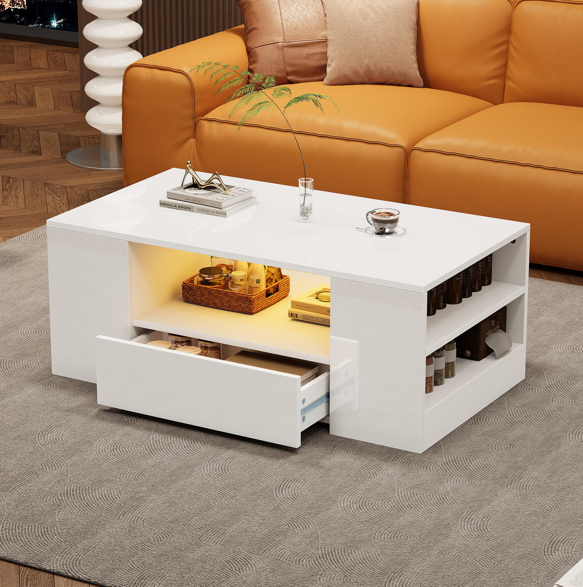 COUCHTISCH 95/53/37 cm mit 2 Schubladen, 2 Fächern und LED-Beleuchtung in Hochglanz, Weiß - Weiß, Holzwerkstoff (95/53/37cm) - Redom
