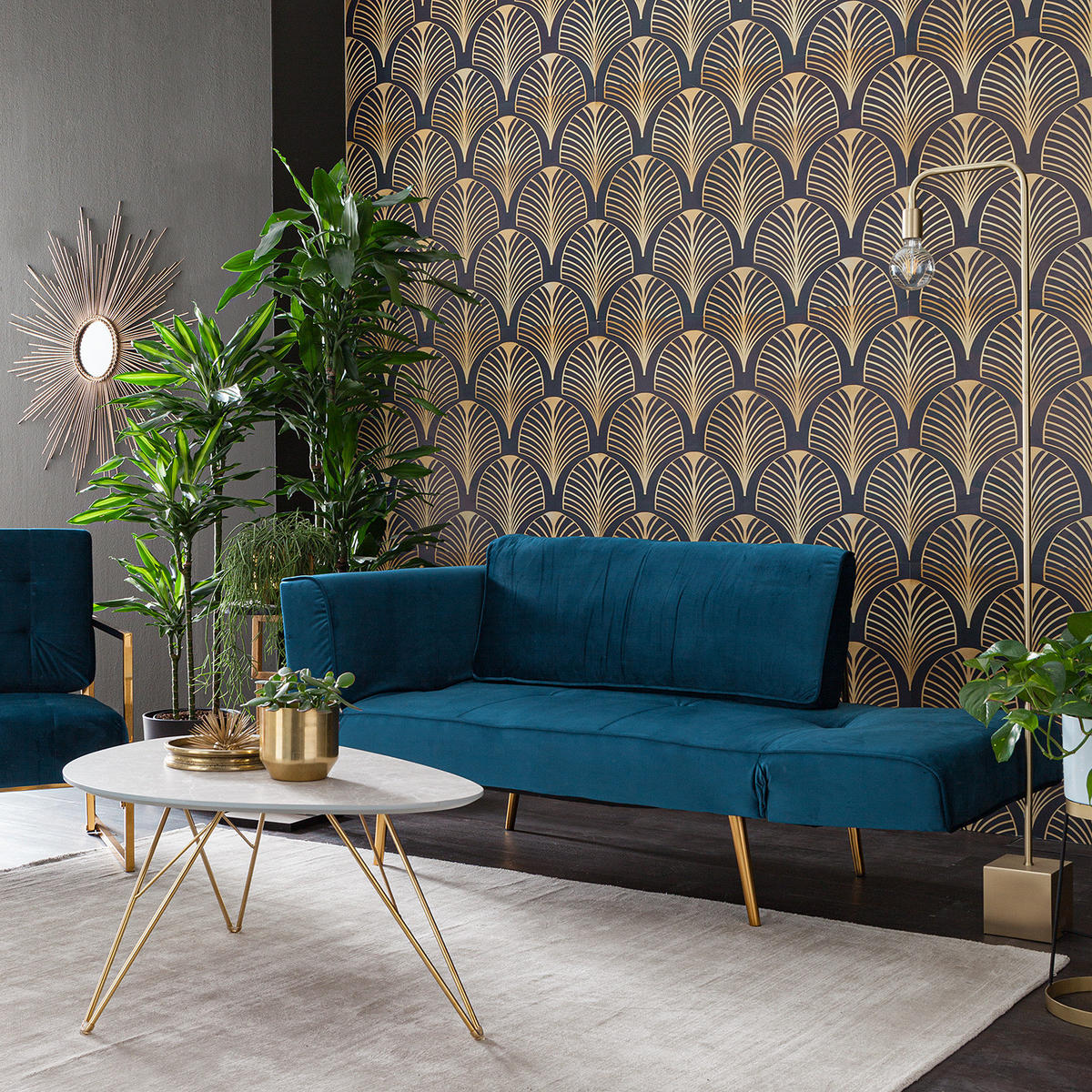 SCHLAFSOFA - Samt - Goldfarben/Dunkelblau, Textil/Metall (152/74/74cm) - home24