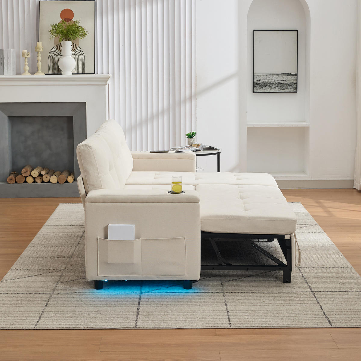 ECKSOFA L Form Schlafsofa Stauraum LED 3-Sitzer Beige 208cm - Beige, Textil (208/146cm) - FLIEKS