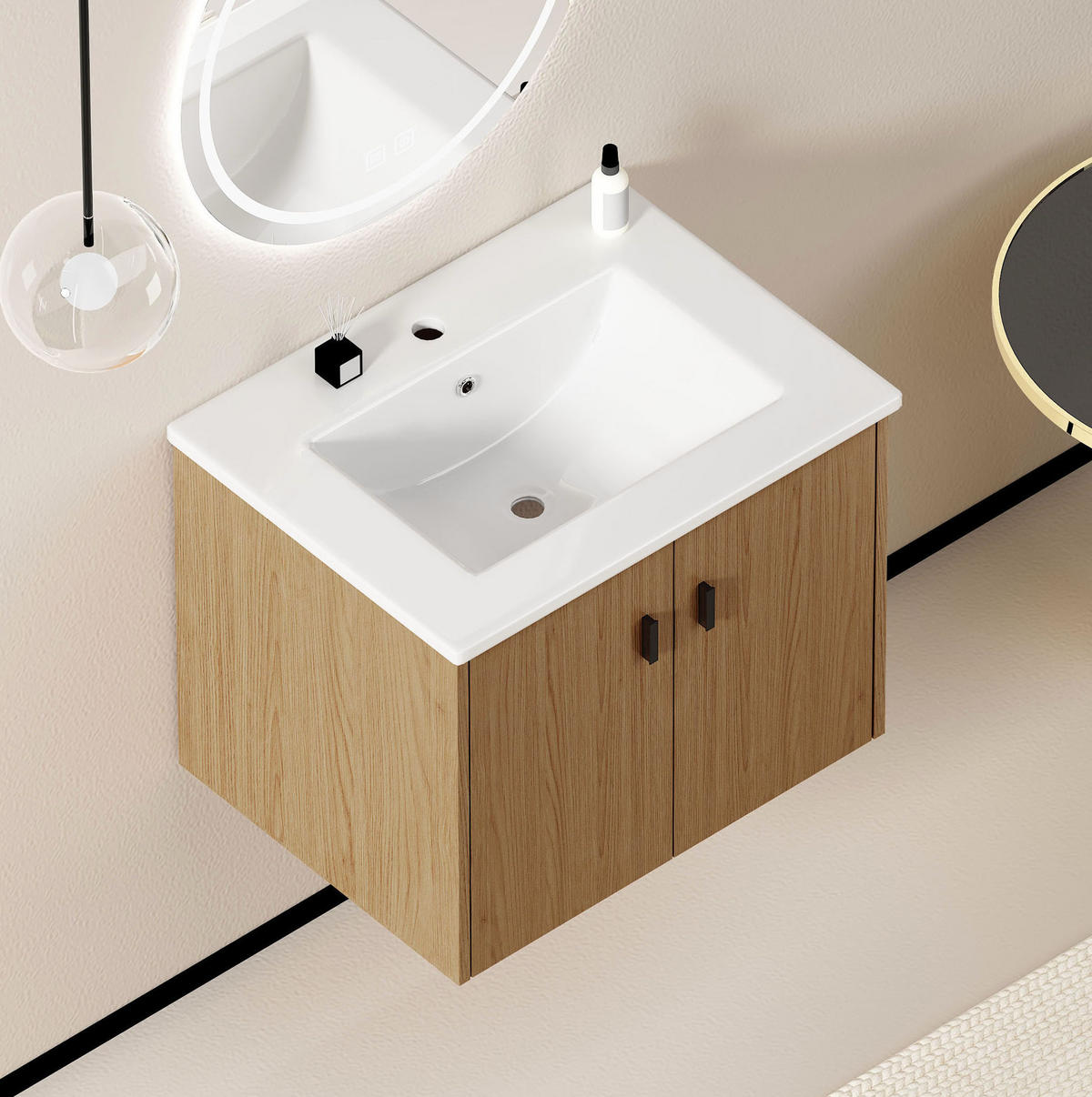 BADEZIMMERSCHRANK 60 cm Hell Eiche mit 2 Türen - Eichefarben, Holzwerkstoff (46.8/46.48/60.8cm) - Beauniv