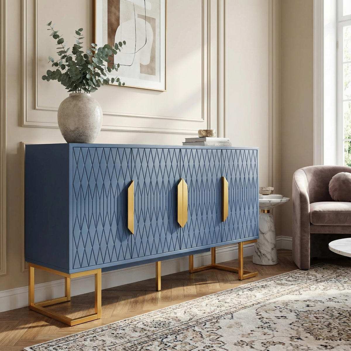 SIDEBOARD 140cm in Blau & Gold - Dunkelblau, Holzwerkstoff (140/80/40cm) - Urban Meuble