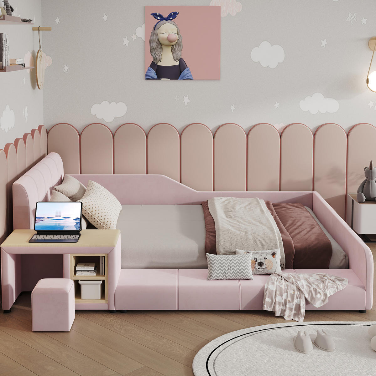 KINDERPOLSTERBETT 140x200 cm in Pink mit Schreibtisch, Hocker und Ablageboden - Pink, Textil (140/200cm) - IVMEU