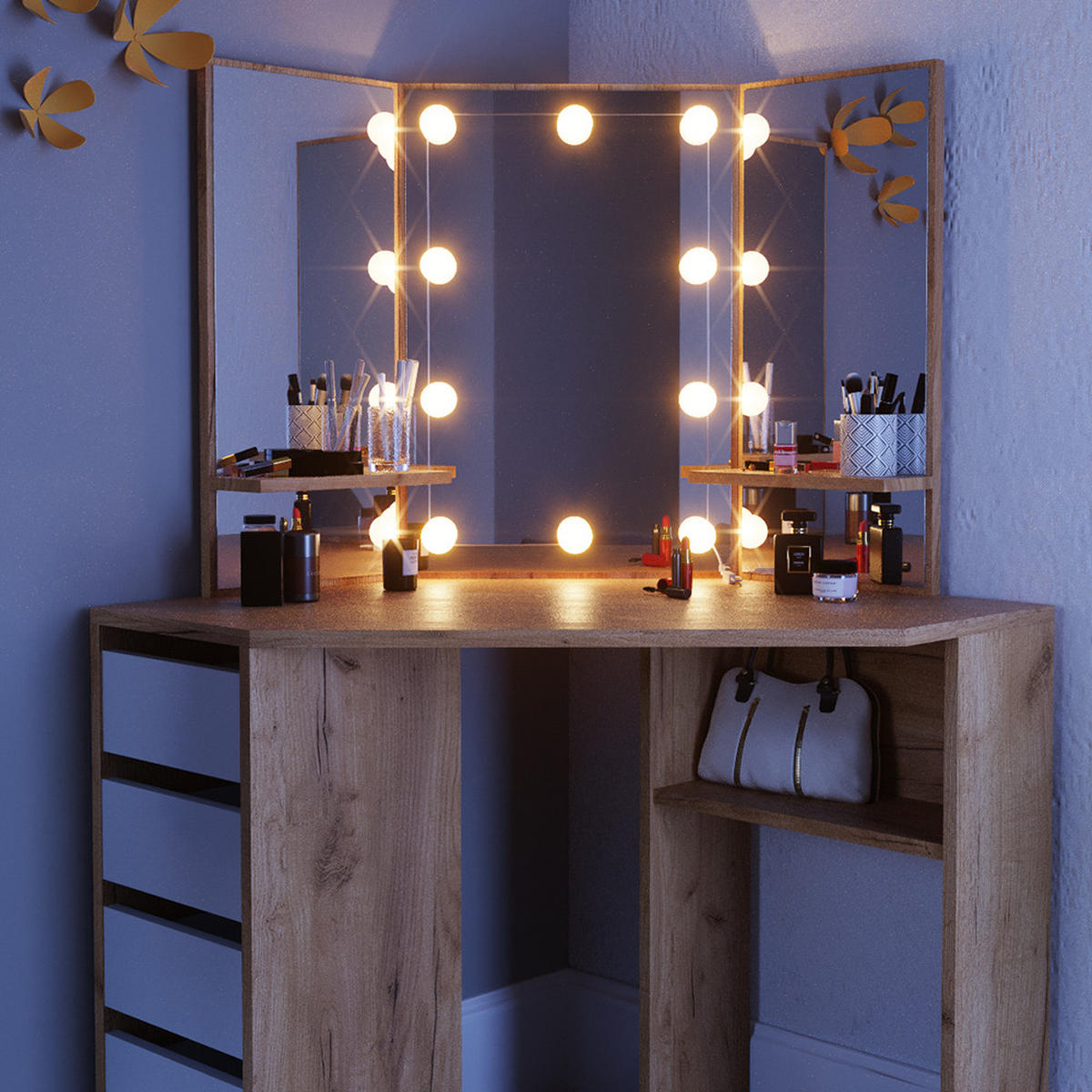 ECKSCHMINKTISCH Arielle Goldkraft Eiche 110 cm mit LED Beleuchtung - Honigeiche, Holzwerkstoff (110/141.5/54cm) - Vicco