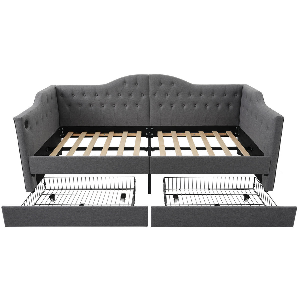 POLSTERBETT 90/200 cm mit 2 Schubladen, USB/Type-C & getufteter Lehne, Grau - Grau, Textil (90/200cm) - Redom